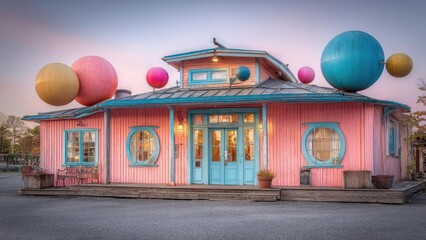 Pastel-pink wooden building with blue trim and oversized colorful spheres on the roof; a whimsical, seaside-style house at sunset. Concept Pastel-pink seaside house, Blue-trim wooden architecture