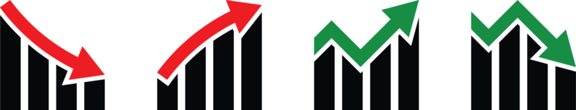 Red and green arrows on black bar graph icons showing decline and growth chart