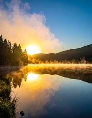 Sunrise over a serene lake