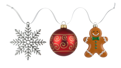Festive christmas ornaments collection hanging isolated on transparent background