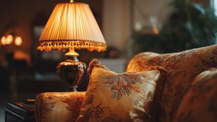 Cozy living room scene with a warm lamp on a side table beside a floral upholstered sofa and decorative cushions. Concept Cozy living room scene, Warm lamp glow, Floral upholstered sofa