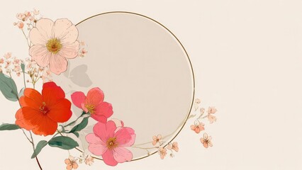 Floral illustration with pink, red and peach flowers around a gold-rimmed circular frame on a pale beige background. Concept Floral illustration, Pink, red and peach blossoms