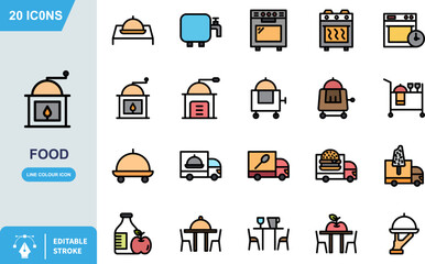 Collection of twenty colorful flat line icons representing various food preparation service and delivery concepts on white background