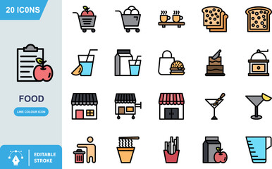 Collection of twenty colorful and simple outline style food and drink icons for menu or app design on white background