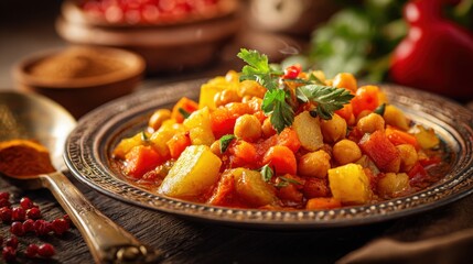 Delicious Moroccan chickpea tagine with slow cooked potatoes and carrots served in an ornate metal plate with fresh parsley garnish aromatic spices red peppercorns and rustic wooden background