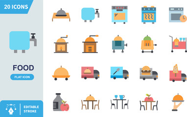 Collection of pixel art style food service and kitchen equipment flat icons for culinary design on white background