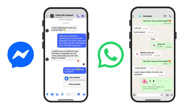 WhatsApp and Facebook Messenger chat interface screens showing modern messaging apps collection, mobile communication UI design