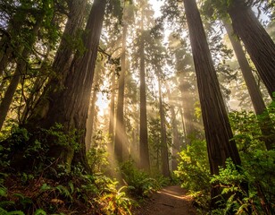 Sunlight filtering through redwood forest