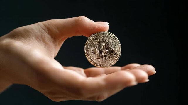 Hand Holding Bitcoin Cryptocurrency, Digital Currency, Financial Technology, Investment, Modern Payment System, Close-Up Shot.