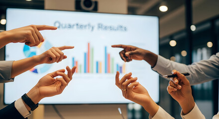 Diverse business team members actively engage, gesturing towards a presentation screen displaying quarterly financial results and data charts during a collaborative meeting