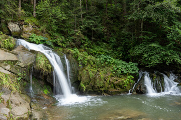 Fototapeta premium Mountain waterfall in the forest. Green nature. Lake water Kamianka in the Ukrainian Carpathians river stream