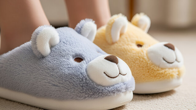Cute fuzzy bear slippers in pastel colors on cozy home floor