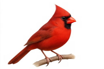 Male cardinal perching, a vibrant red bird with black facial mask, isolated on a transparent background for easy use