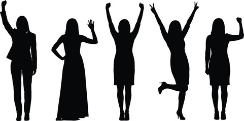 Happy women silhouettes celebrating success empowerment confidence freedom joyful poses isolated black white illustration female achievement lifestyle concept