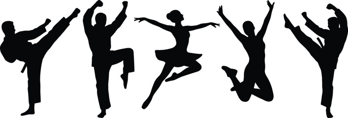 Martial arts and dance silhouettes, dynamic poses, expressive movement, black artwork, white background, action and grace, physical energy, contrast © Salman