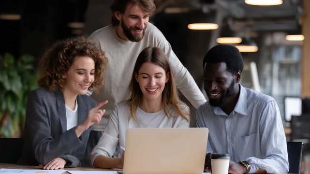 Multiethnic team collaborates on project with enthusiasm in modern office space during daylight hours
