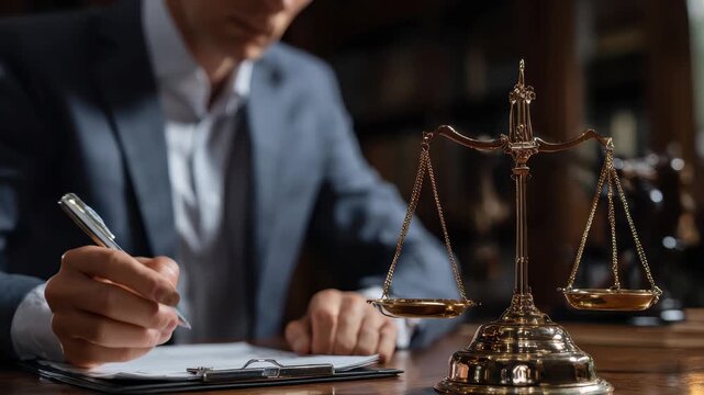 Lawyer writing legal documents beside scales of justice in a professional setting with bookshelves in the background