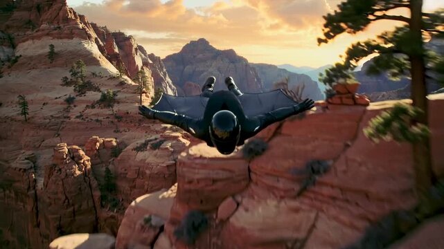 extreme wingsuit flyer soaring over a deep desert canyon at sunset, breathtaking aerial view of adventure sports in a rocky mountain wilderness