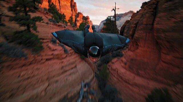 extreme wingsuit flyer soaring over a deep desert canyon at sunset, breathtaking aerial view of adventure sports in a rocky mountain wilderness