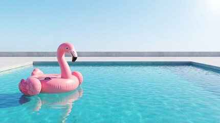 Fototapeta premium Summer vacation concept inflatable pink flamingo floating in a crystal clear swimming pool