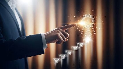 Businessperson touching increasing growth graph with award symbol on glowing digital display