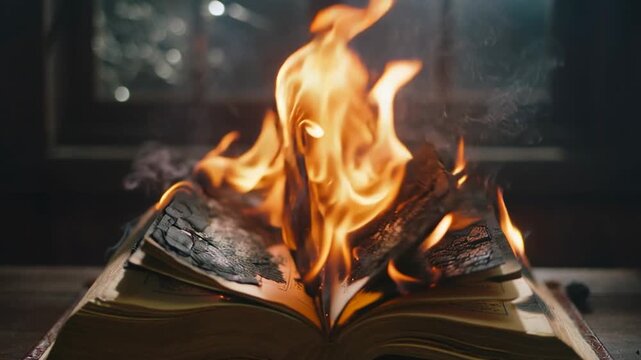 ancient leather book burning with intense orange flames and smoke on a dark wooden table, cinematic conceptual image of fire consuming literature