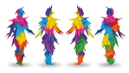 Vibrant holi celebration costumes with colorful feathers and abstract designs