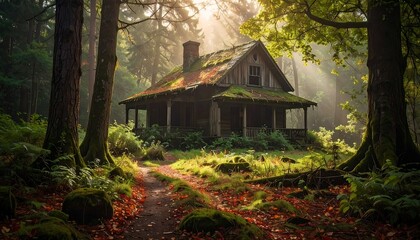 Sunlit cabin in a misty forest