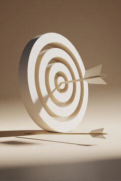 The concept of a target with an arrow in the center and the arrow lying on the poison, symbolizing the alternation of failure and success, is located on a smooth neutral background with space for text