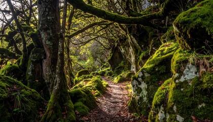 Sunlight filters through a mossy forest path
