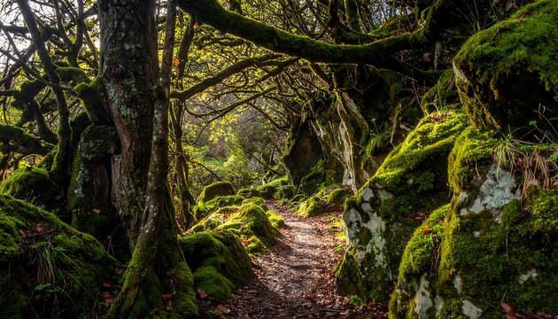 Sunlight filters through a mossy forest path - Powered by Adobe