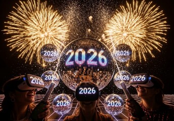 Golden fireworksLaser light show exploding over a retro-futuristic 1970s-style party scene where disco balls reflect 2026 in prismatic light across ecstatic faces wearing  mirrored sunglassesVR heads