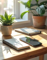 Sunlit desk with notebooks, phone, and plants