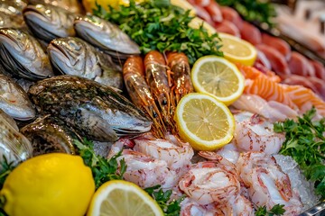 Premium seafood assortment with lemon high resolution picture