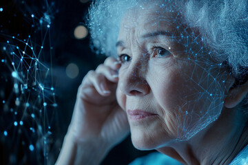 Interacting with digital holographic interface in futuristic virtual space innovation scene, generative ai