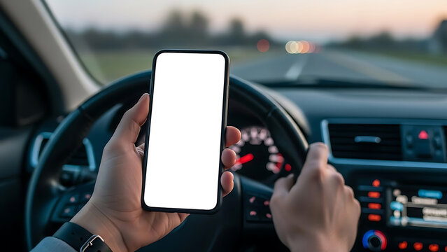 Person holding smartphone while driving inside a vehicle