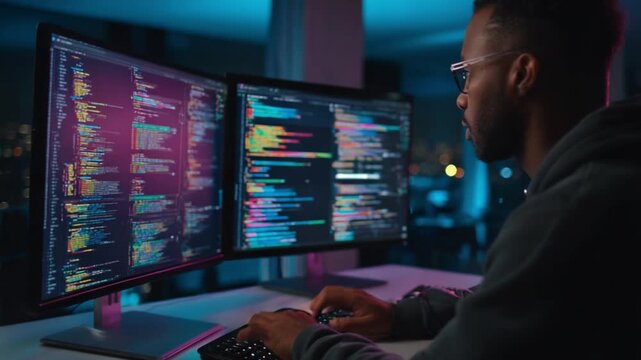 Digital Architect: A skilled coder immersed in a world of programming and data analysis, working in a modern office, illuminated by the glow of multiple monitors.