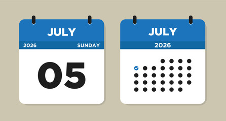 July 5 2026 (Sunday) Calendar page Vector Illustration. 5 July calendar page. Day calendar with date July 5. Modern Calendar template icon. Week Starts on Sunday. Checklist day calendar.