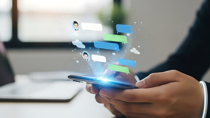 Person using smartphone with floating chat bubbles