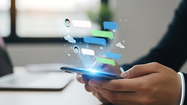 Person using smartphone with floating chat bubbles