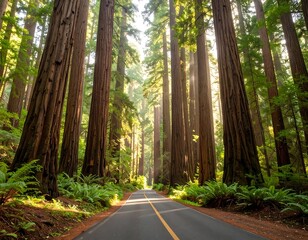 Sunlight filters through giant redwood trees lining a paved road