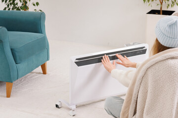 Rear view woman warming hands near portable electric heater in cold winter home © st.kolesnikov