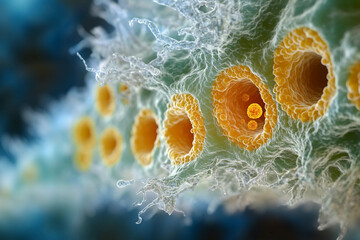 Generative AI illustration of microscopic bacterial forms showcasing vivid molecular structures and glowing effects