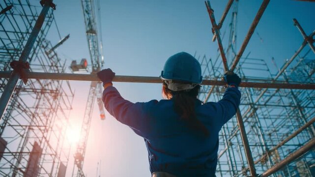 Construction worker's Triumph: A female construction worker raises her arms in a gesture of triumph, bathed in sunlight.