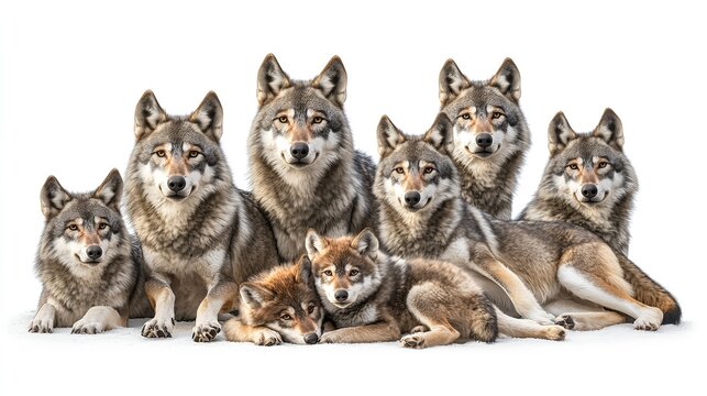 A group of wolves and a fox are lying down together on a white background