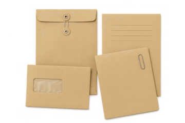 Selection of paper office supplies including mailing envelopes, an expanding folder, a manila file, and a paper clip