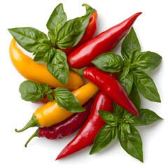 Fresh red and yellow chili pepper with green basil leaf. vibrant heap of spicy food ingredient isolated on white