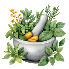 Calm mortar and pestle with natural herb and basil for herbal healing medicine. Fresh and organic wellness concept