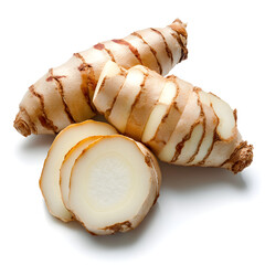 Fresh aromatic galangal root, sliced rhizome spice ingredient. pungent raw root for healthy cooking on white background