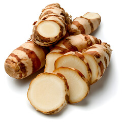 Fresh sliced galangal root, pungent spice and traditional herb ingredient for healthy asian cooking and aroma